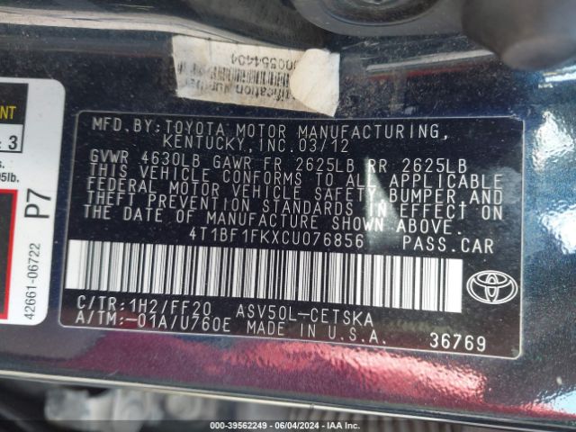 Photo 8 VIN: 4T1BF1FKXCU076856 - TOYOTA CAMRY 