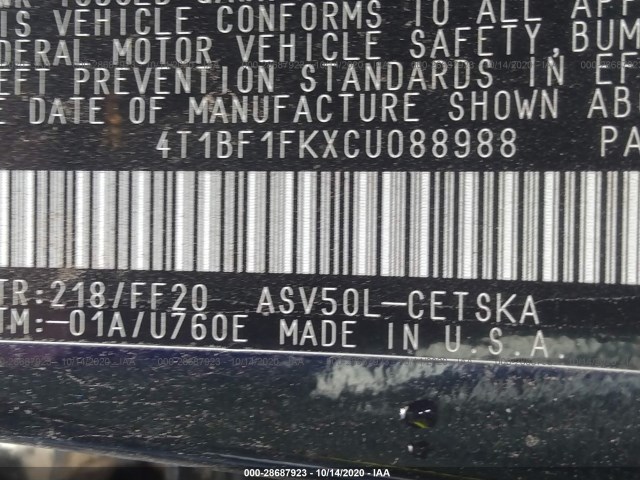 Photo 8 VIN: 4T1BF1FKXCU088988 - TOYOTA CAMRY 