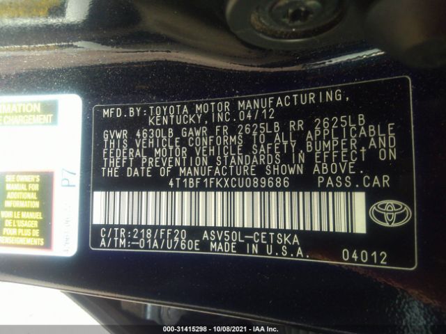 Photo 8 VIN: 4T1BF1FKXCU089686 - TOYOTA CAMRY 