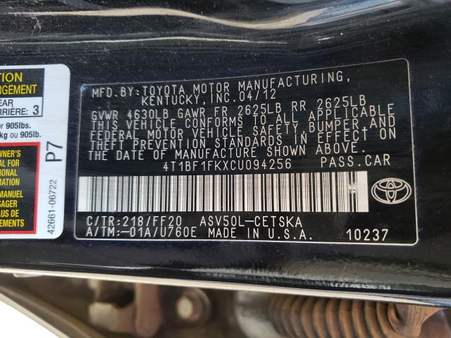 Photo 9 VIN: 4T1BF1FKXCU094256 - TOYOTA CAMRY BASE 