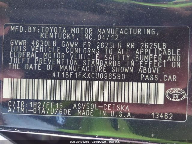 Photo 8 VIN: 4T1BF1FKXCU096590 - TOYOTA CAMRY 