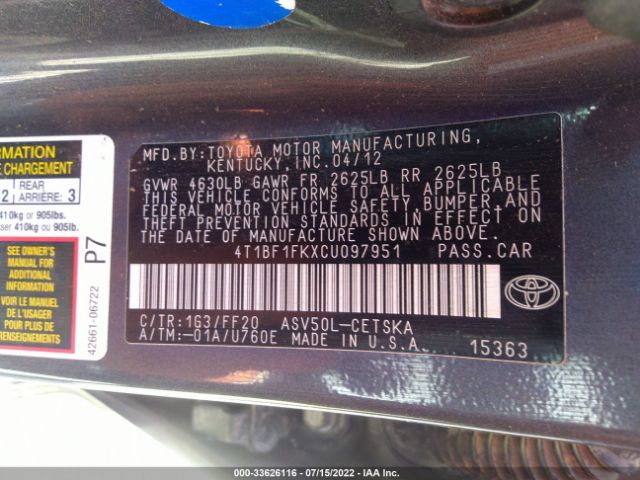 Photo 8 VIN: 4T1BF1FKXCU097951 - TOYOTA CAMRY 