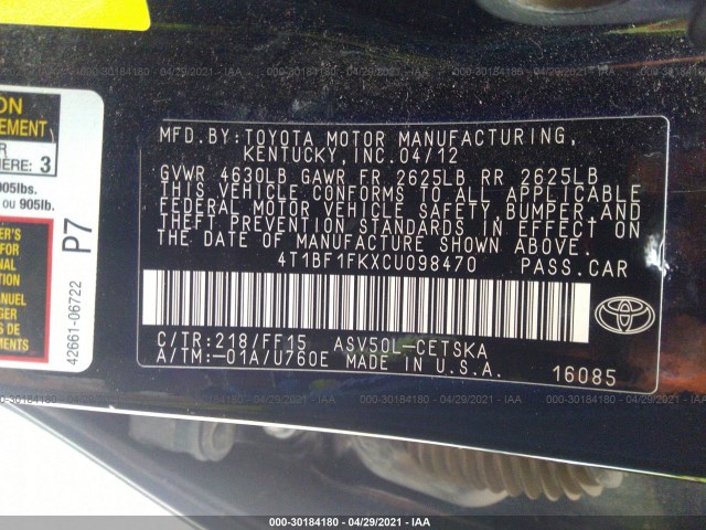 Photo 8 VIN: 4T1BF1FKXCU098470 - TOYOTA CAMRY 