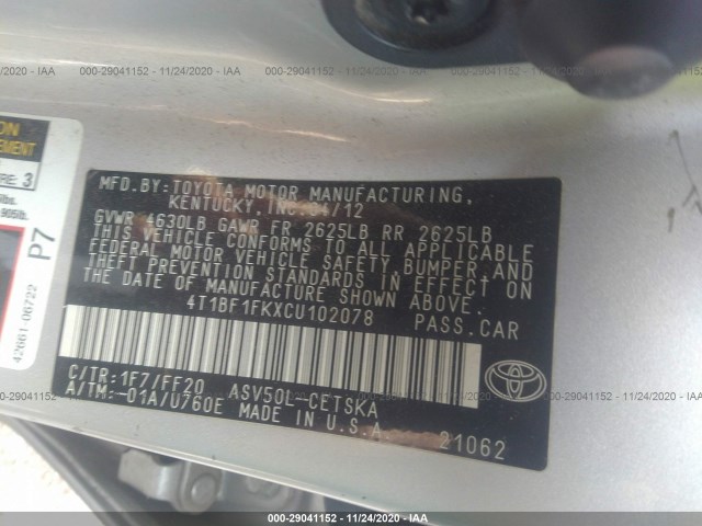 Photo 8 VIN: 4T1BF1FKXCU102078 - TOYOTA CAMRY 