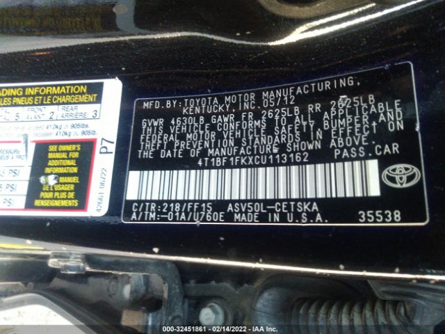 Photo 8 VIN: 4T1BF1FKXCU113162 - TOYOTA CAMRY 