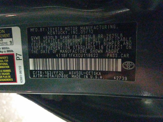 Photo 9 VIN: 4T1BF1FKXCU118622 - TOYOTA CAMRY BASE 