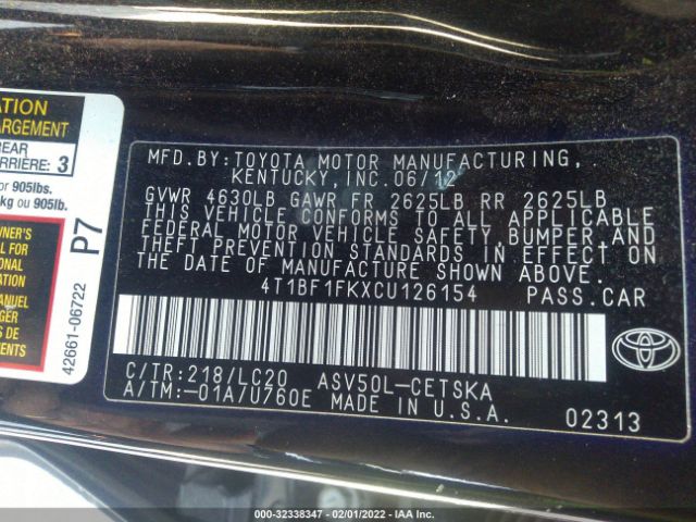 Photo 8 VIN: 4T1BF1FKXCU126154 - TOYOTA CAMRY 