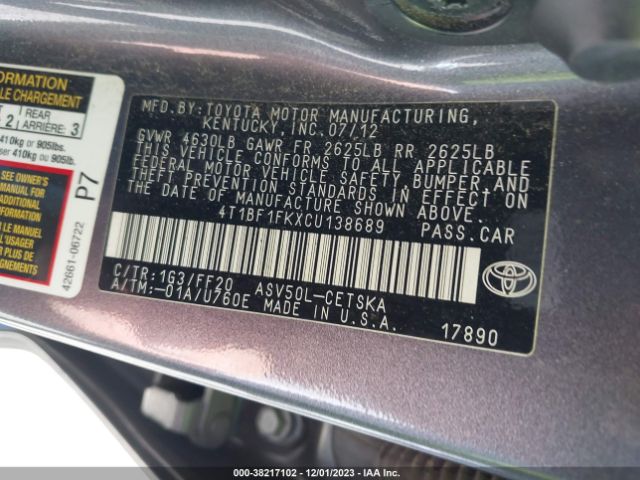 Photo 8 VIN: 4T1BF1FKXCU138689 - TOYOTA CAMRY 