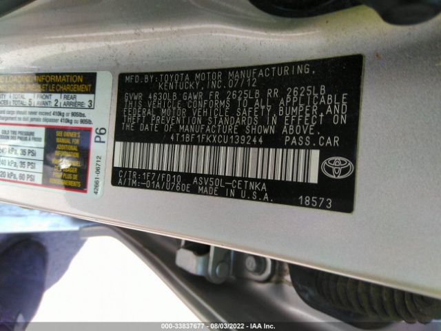 Photo 8 VIN: 4T1BF1FKXCU139244 - TOYOTA CAMRY 