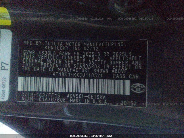 Photo 8 VIN: 4T1BF1FKXCU140524 - TOYOTA CAMRY 