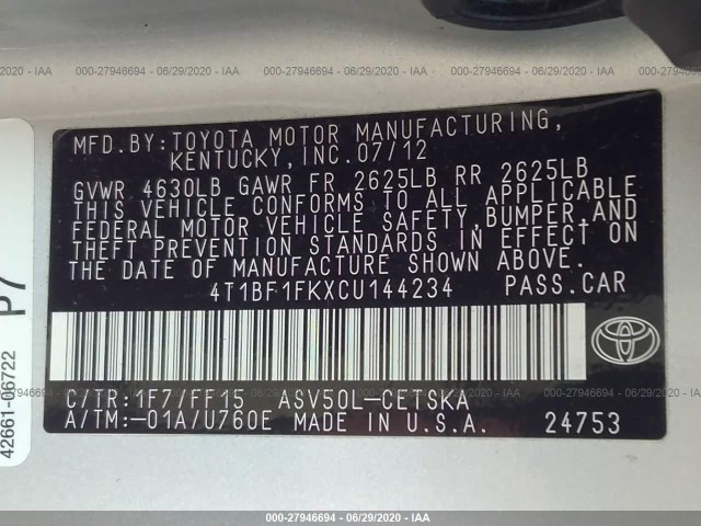 Photo 8 VIN: 4T1BF1FKXCU144234 - TOYOTA CAMRY 