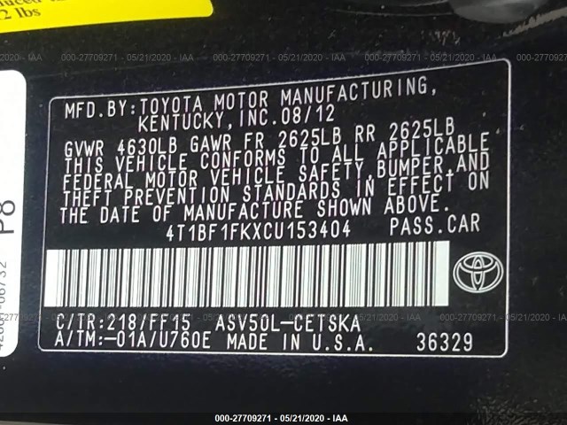 Photo 8 VIN: 4T1BF1FKXCU153404 - TOYOTA CAMRY 