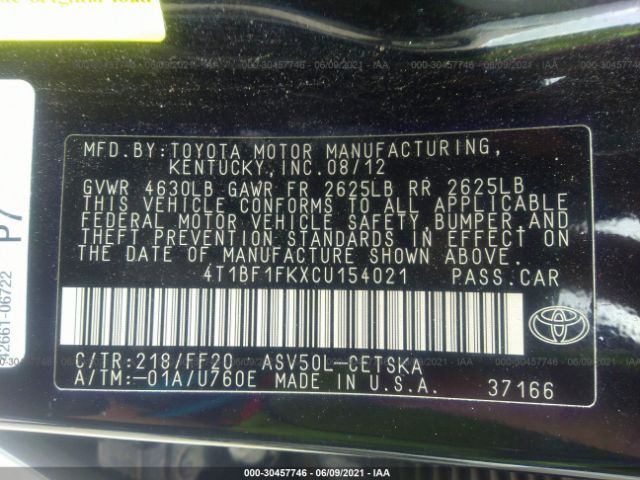 Photo 8 VIN: 4T1BF1FKXCU154021 - TOYOTA CAMRY 