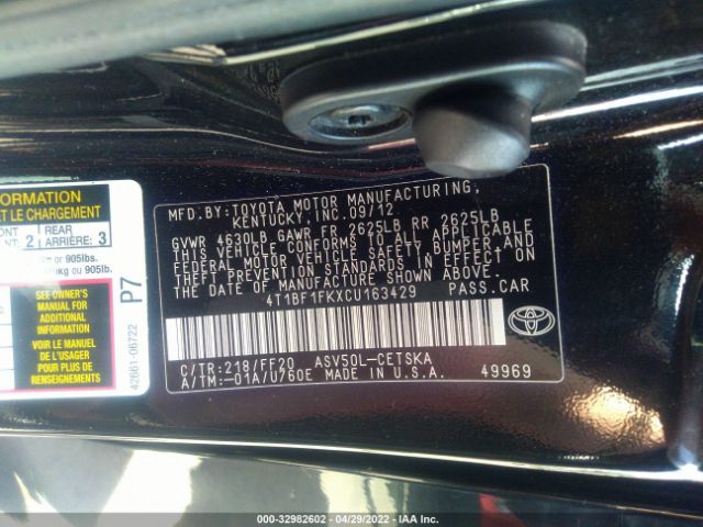 Photo 8 VIN: 4T1BF1FKXCU163429 - TOYOTA CAMRY 