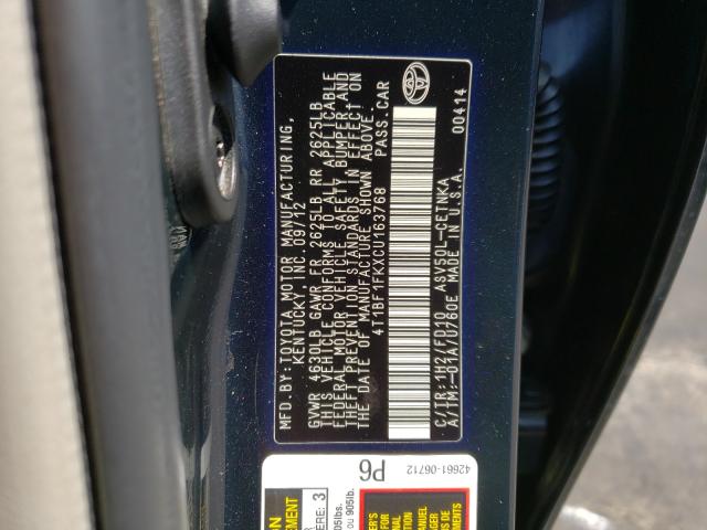 Photo 9 VIN: 4T1BF1FKXCU163768 - TOYOTA CAMRY BASE 