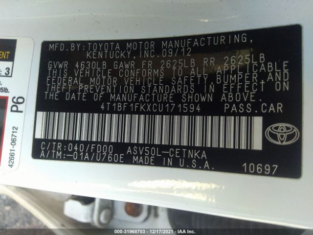 Photo 8 VIN: 4T1BF1FKXCU171594 - TOYOTA CAMRY 