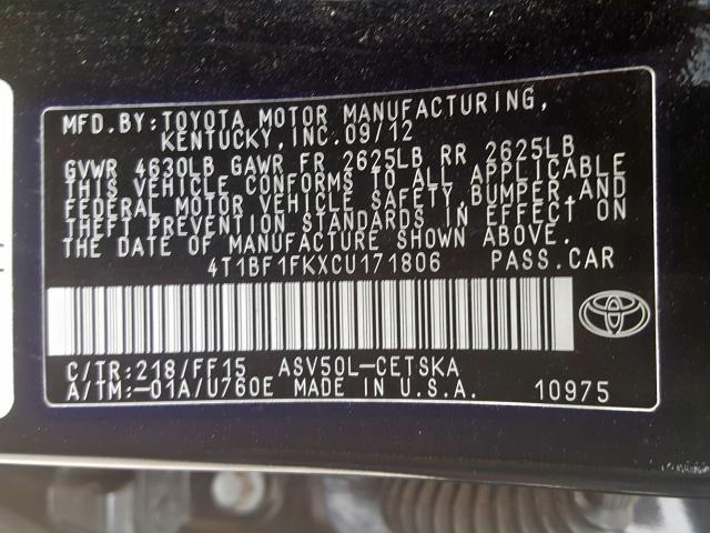 Photo 9 VIN: 4T1BF1FKXCU171806 - TOYOTA CAMRY 