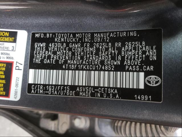 Photo 9 VIN: 4T1BF1FKXCU174852 - TOYOTA CAMRY BASE 