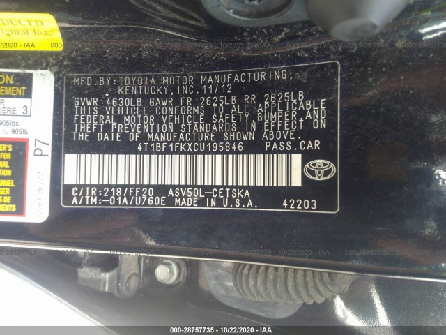 Photo 8 VIN: 4T1BF1FKXCU195846 - TOYOTA CAMRY 