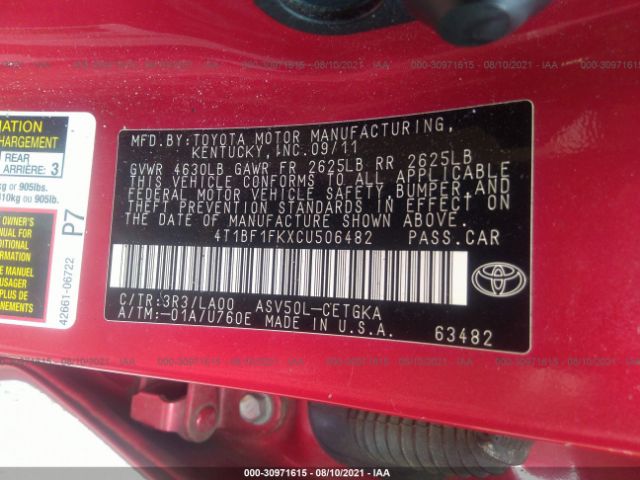 Photo 8 VIN: 4T1BF1FKXCU506482 - TOYOTA CAMRY 