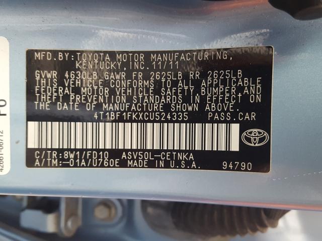 Photo 9 VIN: 4T1BF1FKXCU524335 - TOYOTA CAMRY BASE 