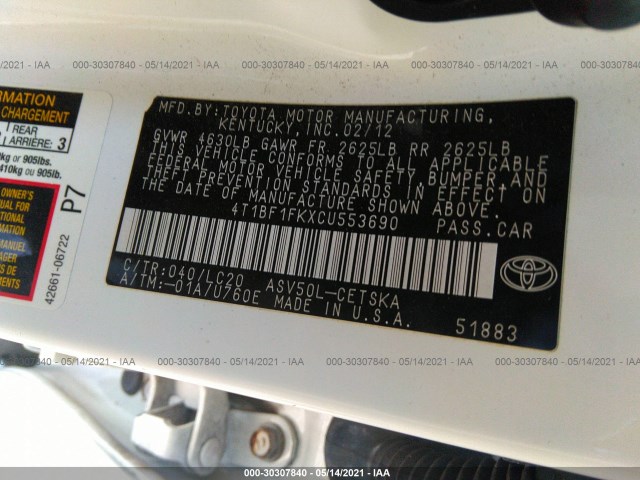 Photo 8 VIN: 4T1BF1FKXCU553690 - TOYOTA CAMRY 