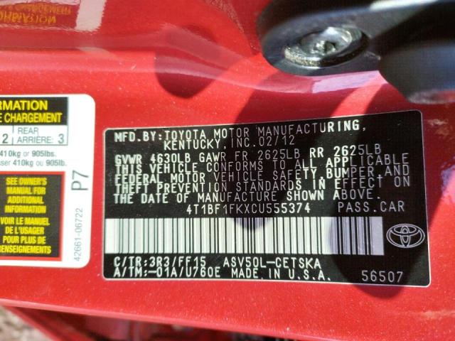 Photo 12 VIN: 4T1BF1FKXCU555374 - TOYOTA CAMRY BASE 