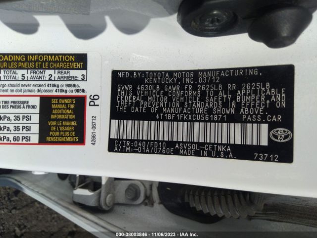 Photo 8 VIN: 4T1BF1FKXCU561871 - TOYOTA CAMRY 