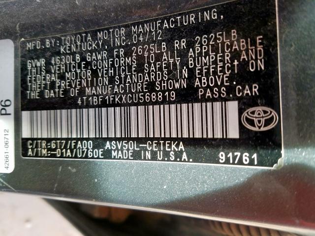 Photo 9 VIN: 4T1BF1FKXCU568819 - TOYOTA CAMRY BASE 