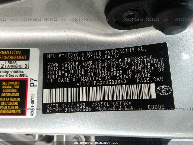 Photo 8 VIN: 4T1BF1FKXCU590643 - TOYOTA CAMRY 