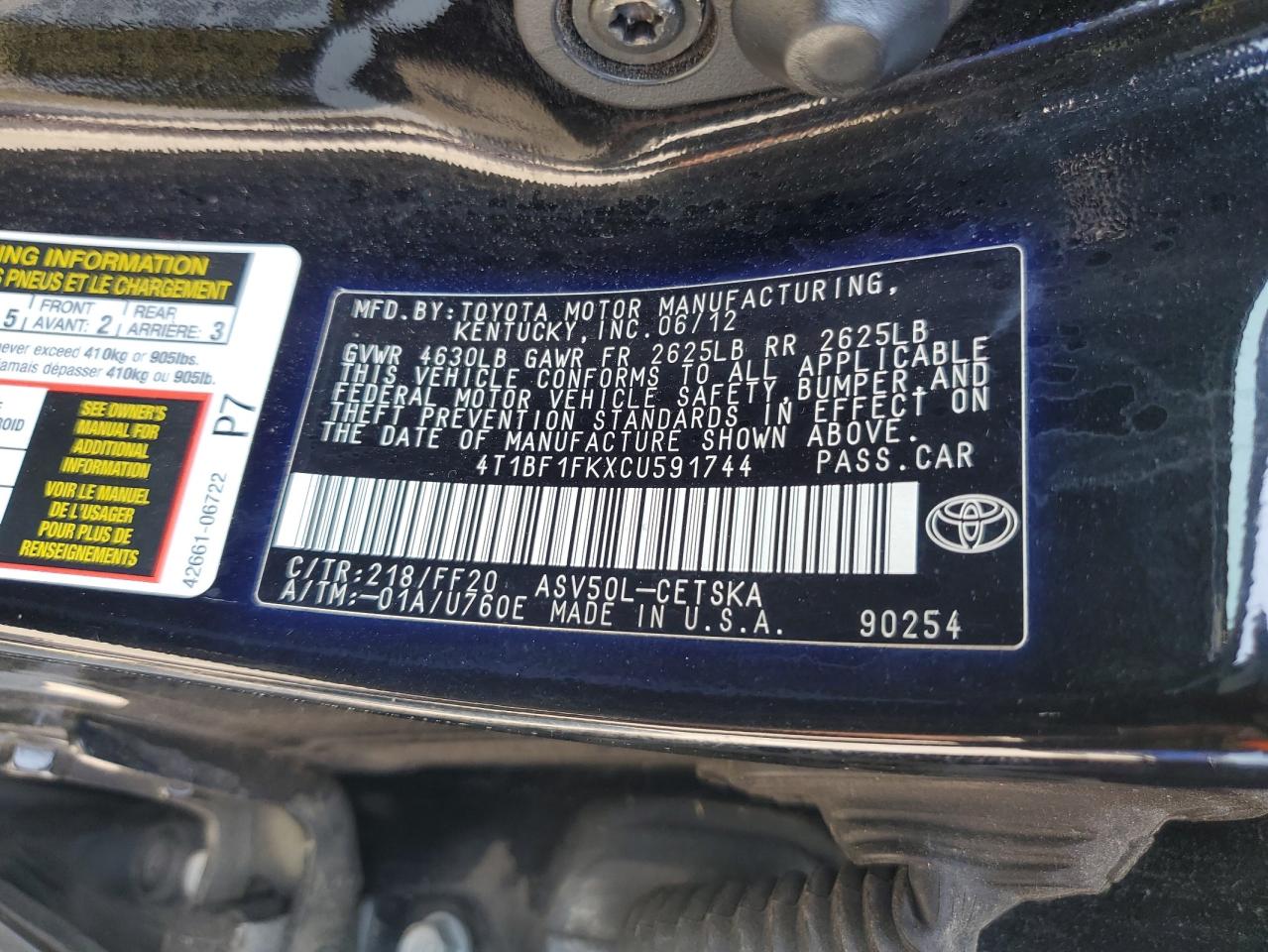 Photo 12 VIN: 4T1BF1FKXCU591744 - TOYOTA CAMRY 