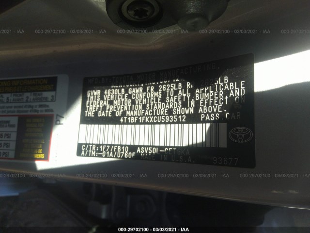 Photo 8 VIN: 4T1BF1FKXCU593512 - TOYOTA CAMRY 