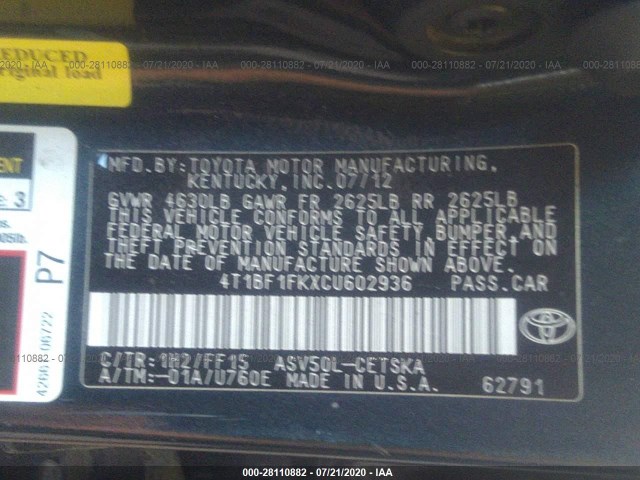 Photo 8 VIN: 4T1BF1FKXCU602936 - TOYOTA CAMRY 