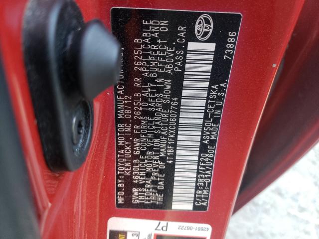 Photo 9 VIN: 4T1BF1FKXCU607764 - TOYOTA CAMRY BASE 