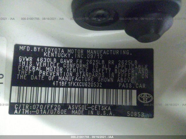 Photo 8 VIN: 4T1BF1FKXCU620532 - TOYOTA CAMRY 