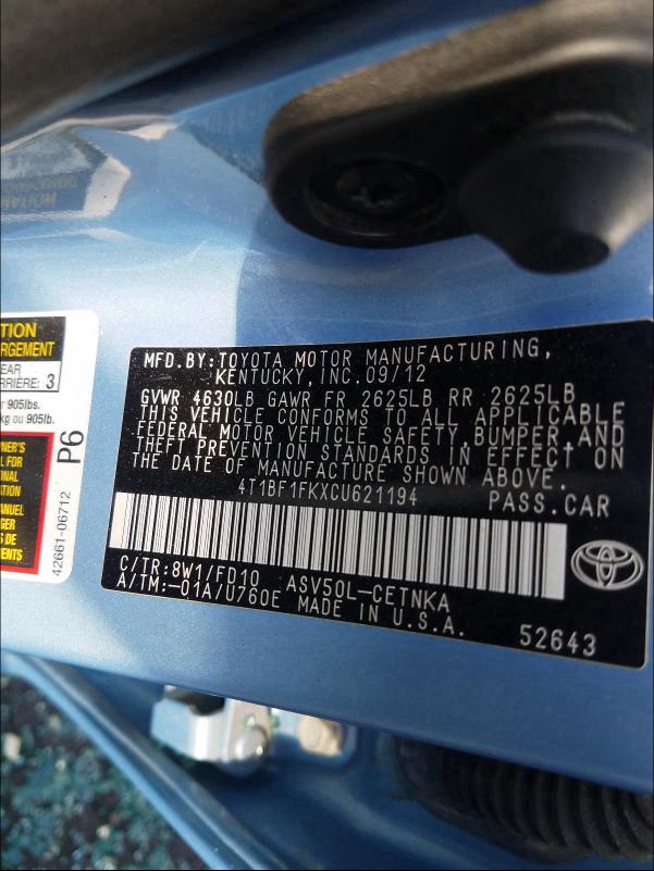 Photo 9 VIN: 4T1BF1FKXCU621194 - TOYOTA CAMRY BASE 