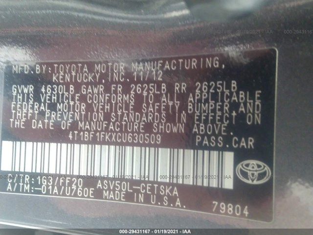 Photo 8 VIN: 4T1BF1FKXCU630509 - TOYOTA CAMRY 