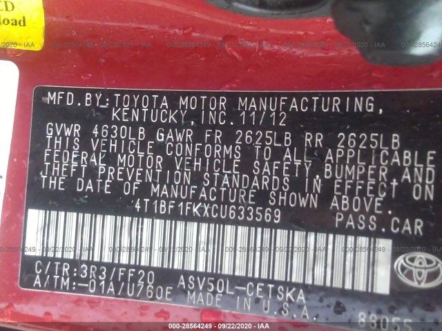 Photo 8 VIN: 4T1BF1FKXCU633569 - TOYOTA CAMRY 