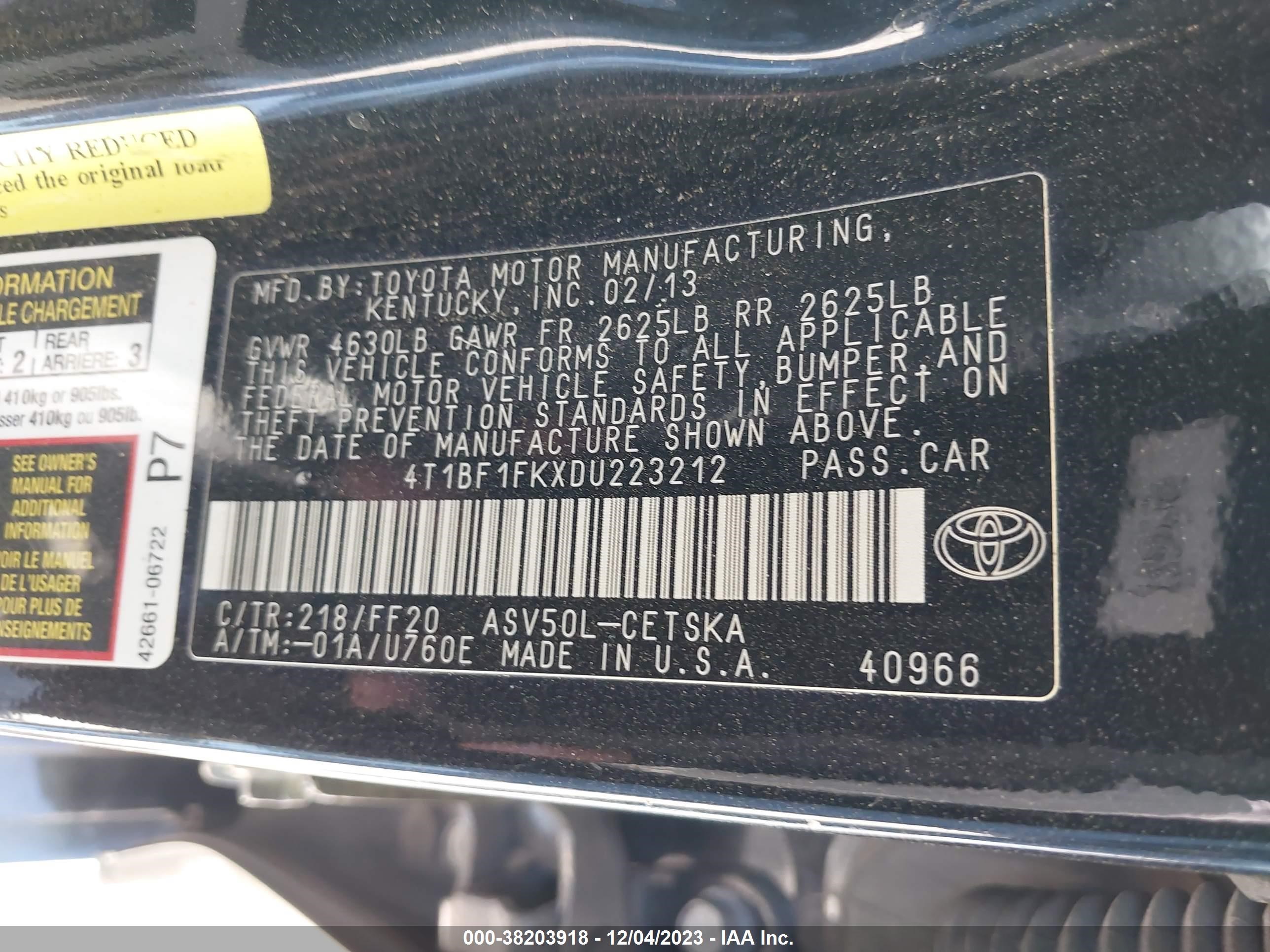 Photo 8 VIN: 4T1BF1FKXDU223212 - TOYOTA CAMRY 