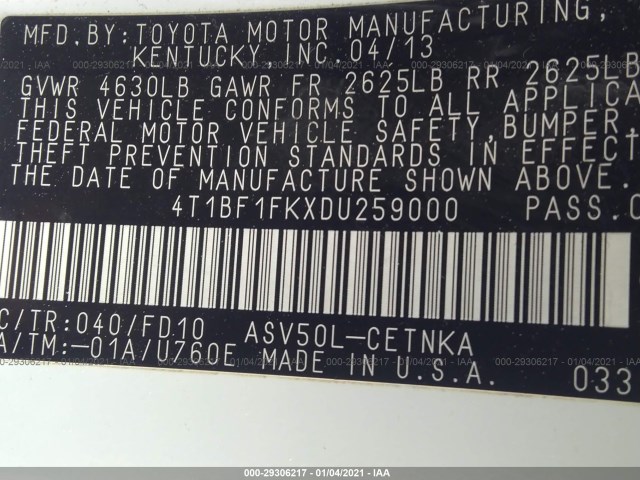 Photo 8 VIN: 4T1BF1FKXDU259000 - TOYOTA CAMRY 