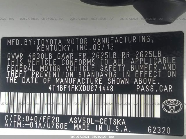 Photo 8 VIN: 4T1BF1FKXDU671448 - TOYOTA CAMRY 