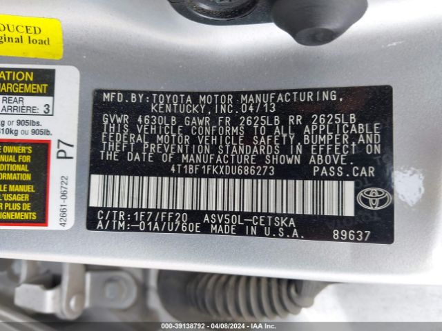 Photo 8 VIN: 4T1BF1FKXDU686273 - TOYOTA CAMRY 