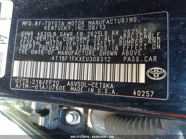 Photo 8 VIN: 4T1BF1FKXEU308312 - TOYOTA CAMRY 