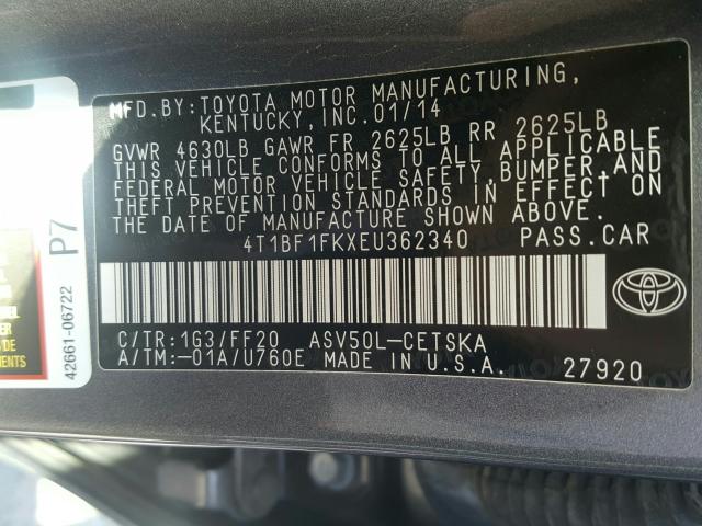 Photo 9 VIN: 4T1BF1FKXEU362340 - TOYOTA CAMRY L 