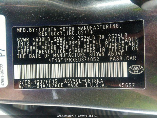 Photo 8 VIN: 4T1BF1FKXEU374052 - TOYOTA CAMRY 