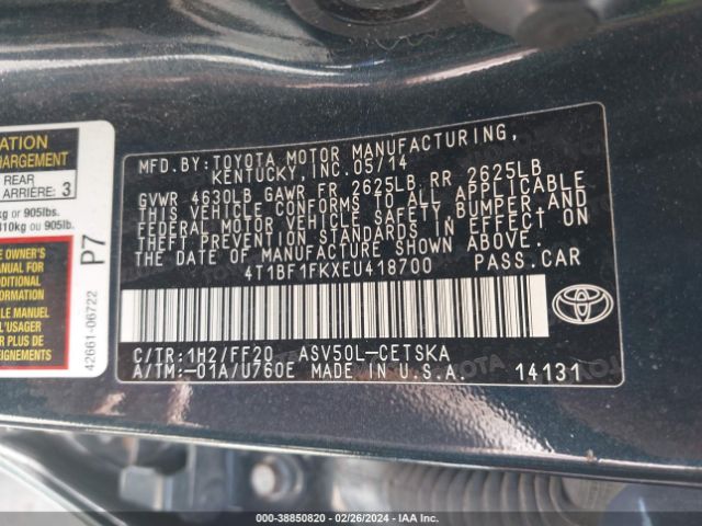 Photo 8 VIN: 4T1BF1FKXEU418700 - TOYOTA CAMRY 