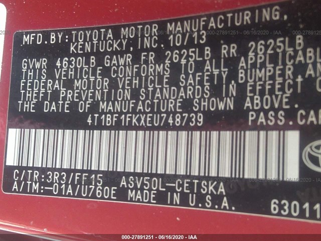 Photo 8 VIN: 4T1BF1FKXEU748739 - TOYOTA CAMRY 