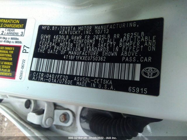 Photo 8 VIN: 4T1BF1FKXEU750362 - TOYOTA CAMRY 