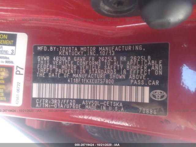 Photo 8 VIN: 4T1BF1FKXEU757800 - TOYOTA CAMRY 