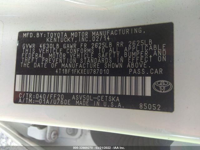 Photo 8 VIN: 4T1BF1FKXEU787010 - TOYOTA CAMRY 